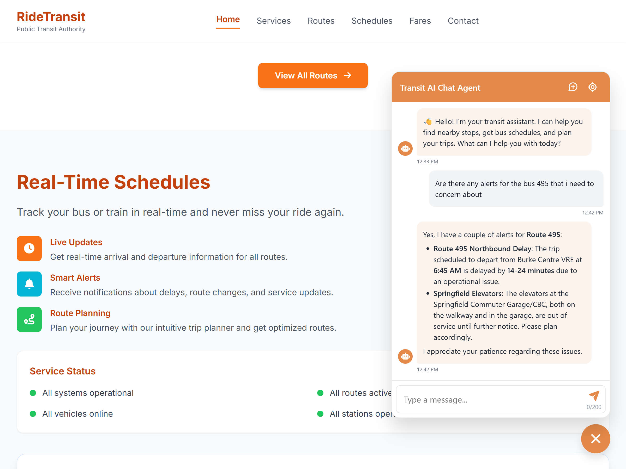 Desktop screenshot of the Transit AI Agent answering rider questions in a web chat interface
