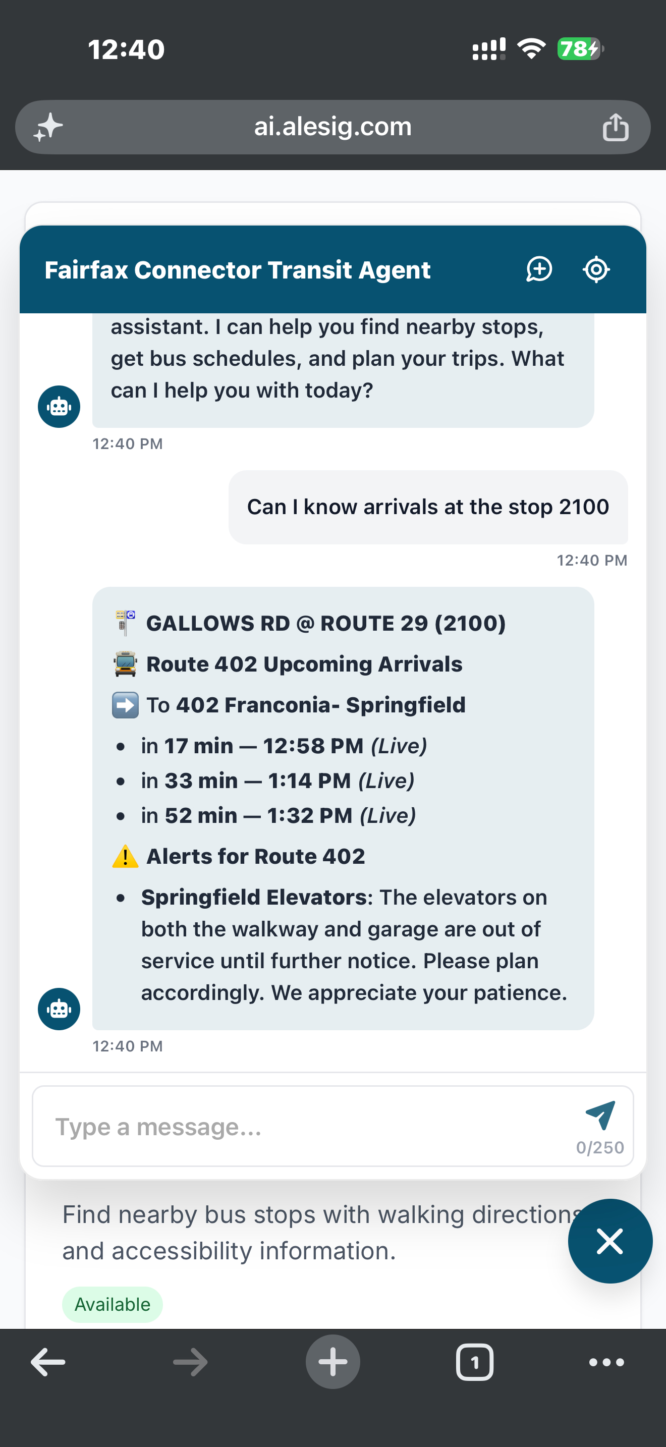 Mobile screenshot of the Transit AI Agent showing suggested questions and rider answers