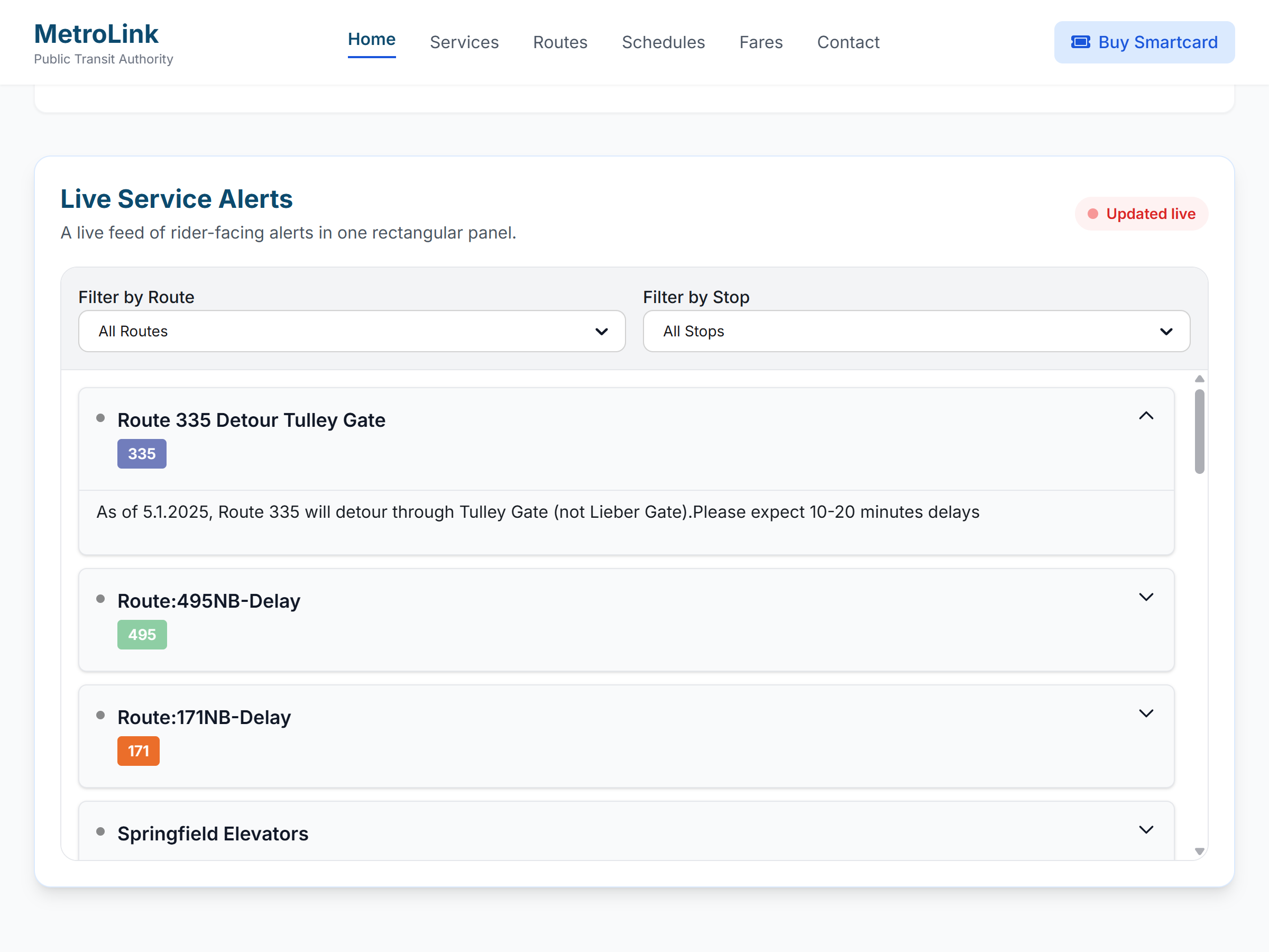 Mockup of a transit alerts interface with clearly visible service alerts and clean hierarchy