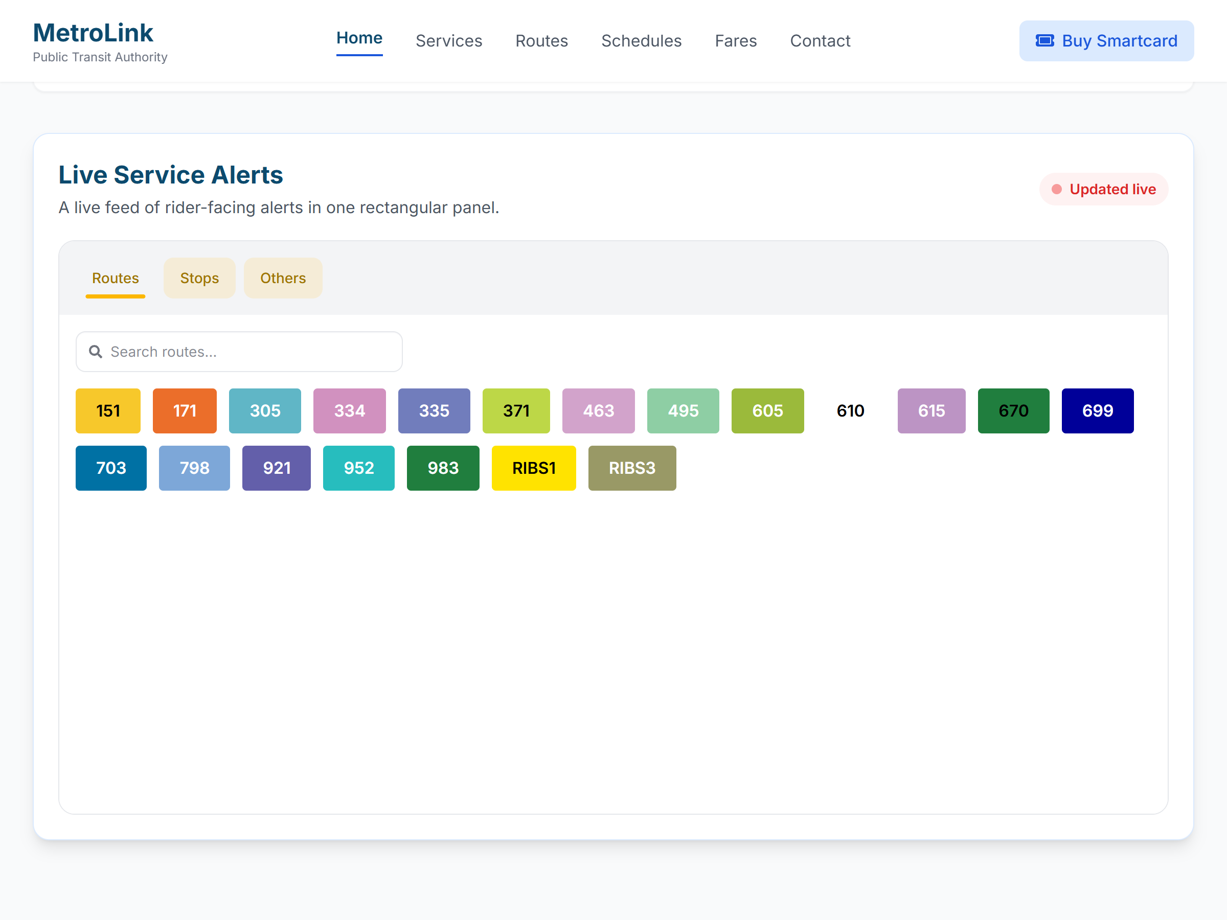 Screenshot of a categorized transit alerts layout