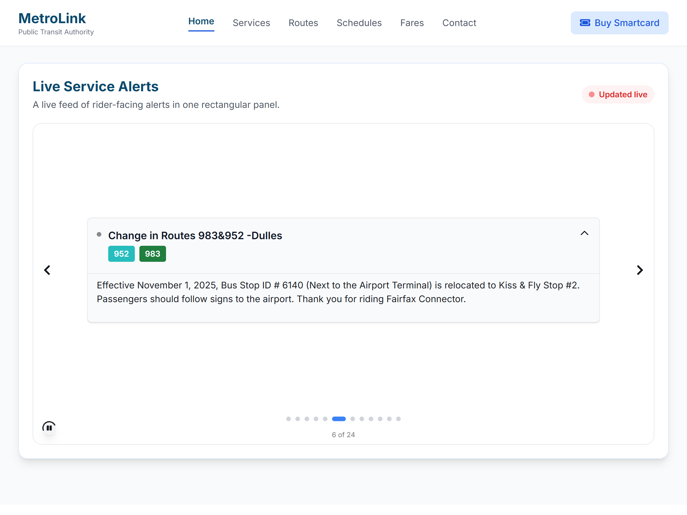 Screenshot of a carousel-style transit alerts layout