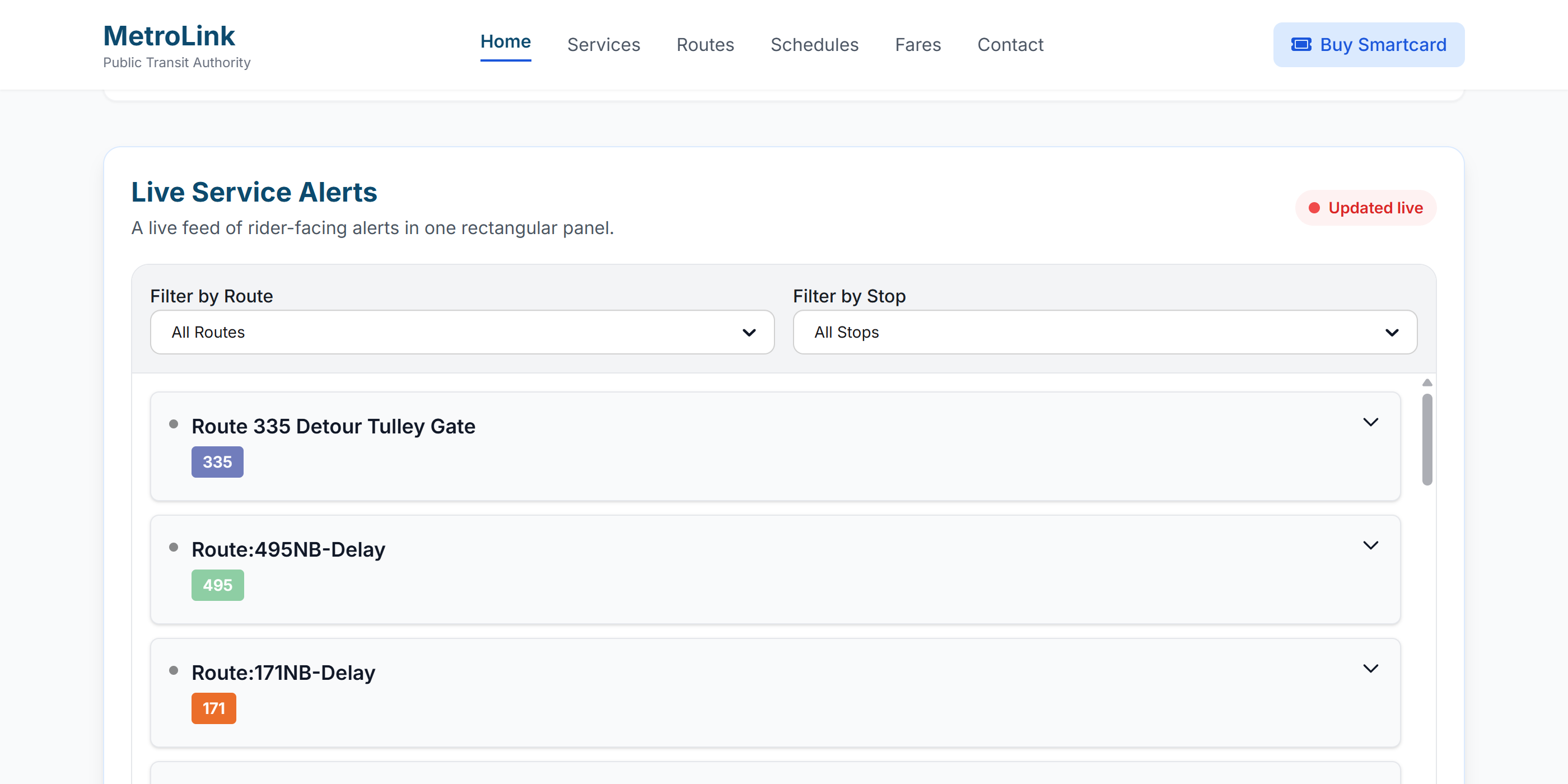 Mockup of a transit alerts interface with clearly visible service alerts and clean hierarchy