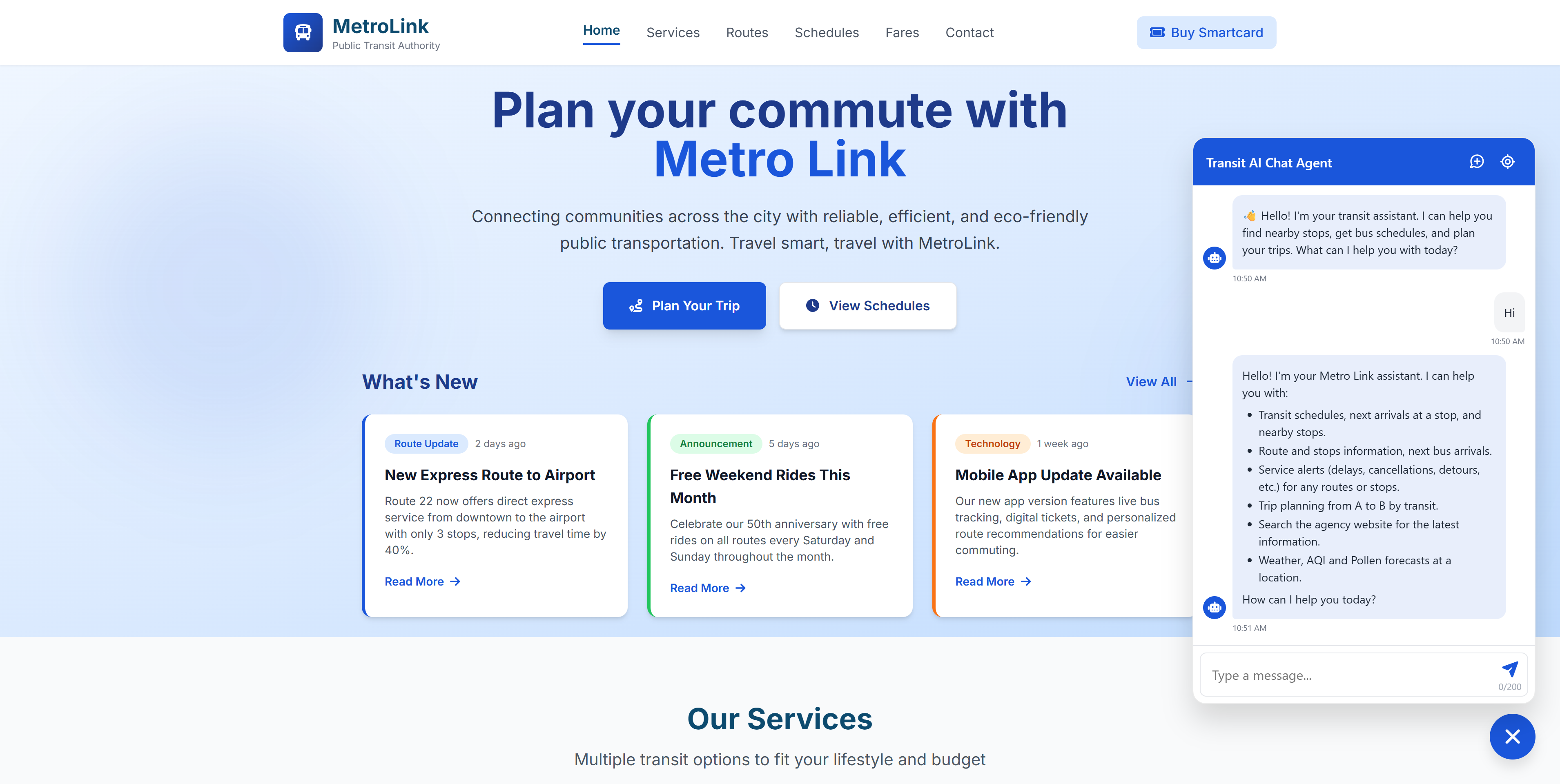 Mockup of transit AI interface with clear rider conversation design