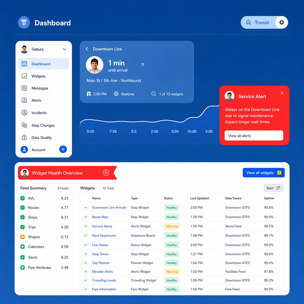 Composite UI mockup showing a modern transit dashboard with a chat widget interface, a red alert banner for delays, and a clean departure schedule board