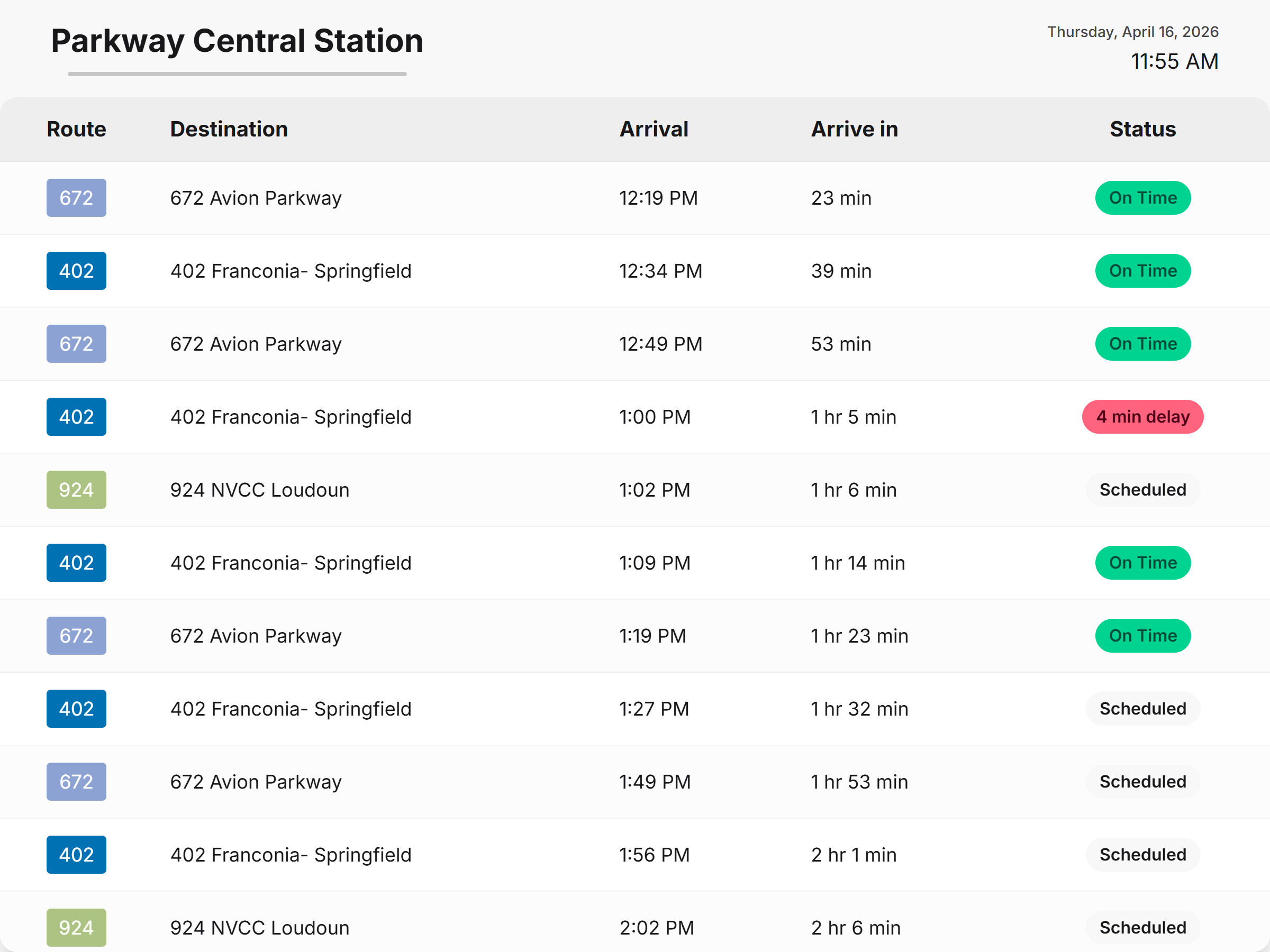 Mockup of a modern transit departure board showing routes, destinations, and arrival times