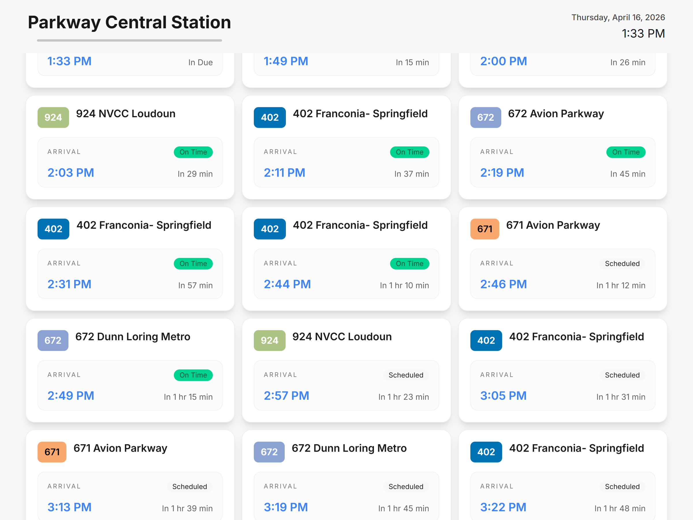 Card-style schedule board showing upcoming departures in separate blocks